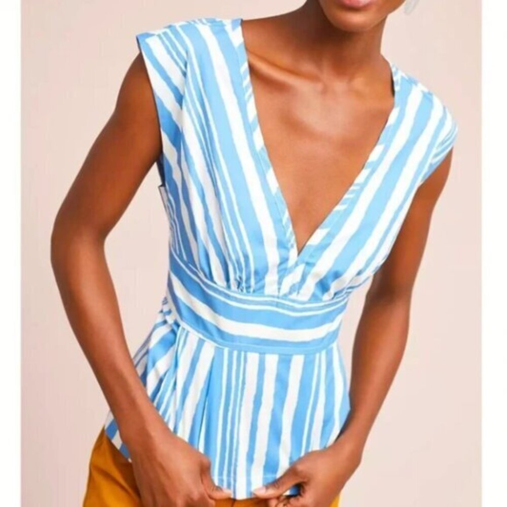 Anthropologie Tracy Reese Catamaran Striped Peplum‎ Top Size Medium Blue White
